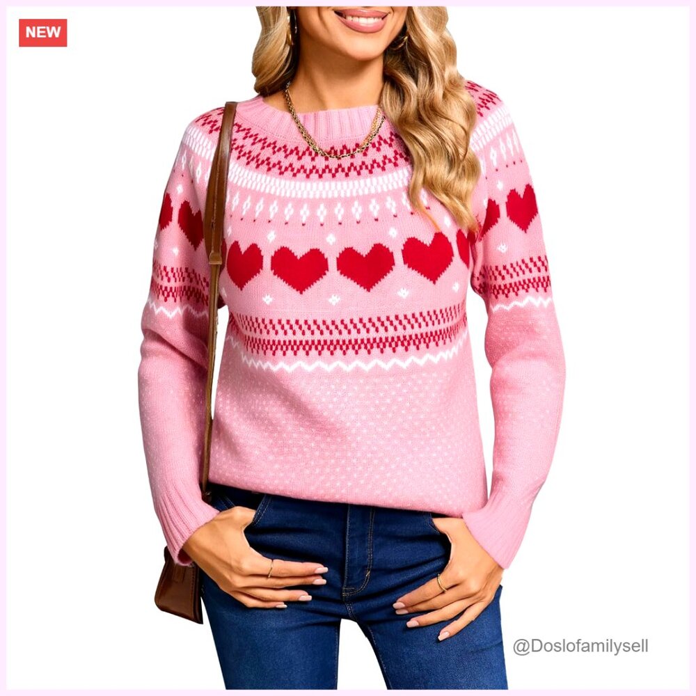Fair Isle Heart Pattern Pullover Sweater Long Sleeve Crew Neck Loose Casual